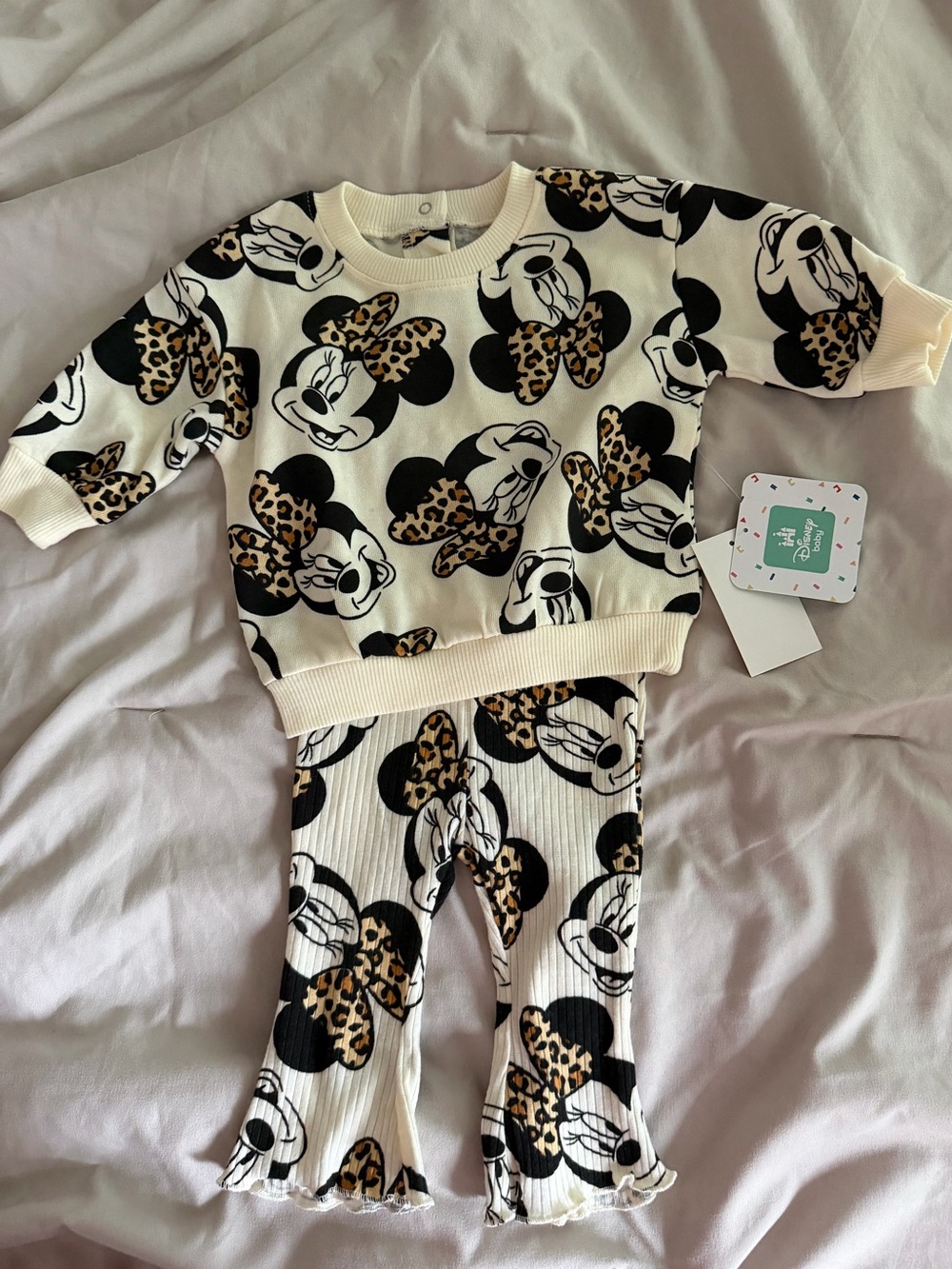 Disney Cream and Black Minnie Mouse Leopard Bow Pajama Set